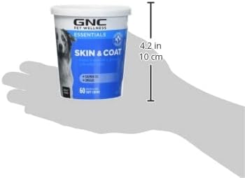 GNC Pets Essentials, Skin & Coat, All Dog 60ct 2.2g Soft Chews | Skin & Coat Soft Chews for Dogs in Bacon Flavor | Dog Supplement with Salmon Oil, Omega Fatty Acids, and EPA & DHA for Skin and Coats