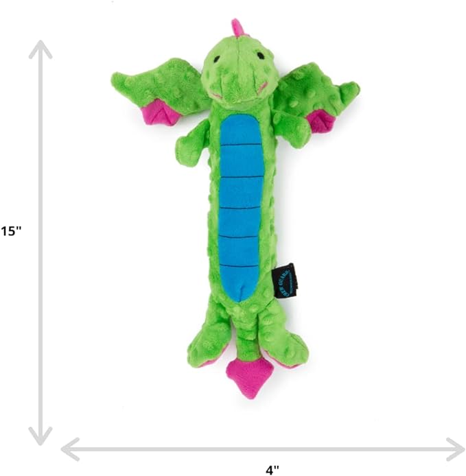 goDog PlayClean Skinny Dragon Squeaky Plush Dog Toy with Odor-Eliminating Essential Oils, Chew Guard Technology - Green, Large