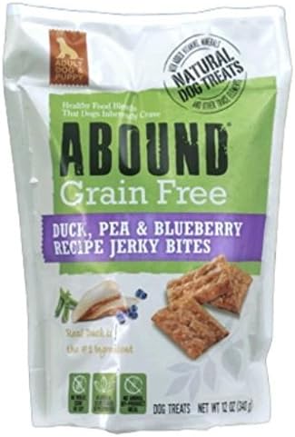 Abound Grain Free Jerky Bites Puppy & Dog Treast - 2 Flavor: (1) Duck Pea Blueberry (1) Turkey Pea Berry - 12 Oz Each, Plus Eco Friendly Poop Bag Roll & My Buddy Notepad (4 Items Total)