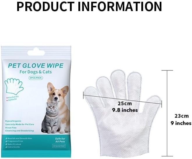 Pet Bathing Wipes for Dogs and Cats, Cleaning & Deodorizing Grooming Gloves, Nourishing Grooming Fur Glove Wipes for Daily Care and Traveling, 1 Pack, 6 PCS