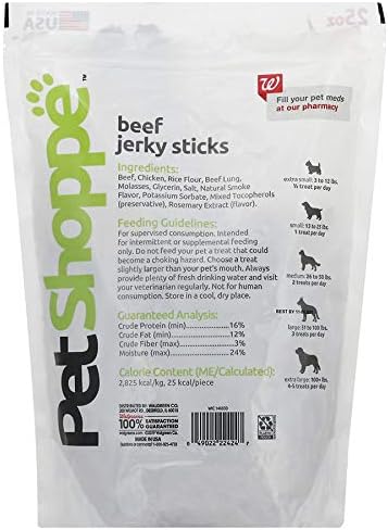 PetShoppe Beef Jerky Sticks Dog Treat Free of Corn, Soy, Wheat, and Gluten - Made and Sourced in The USA. (25 OZ)
