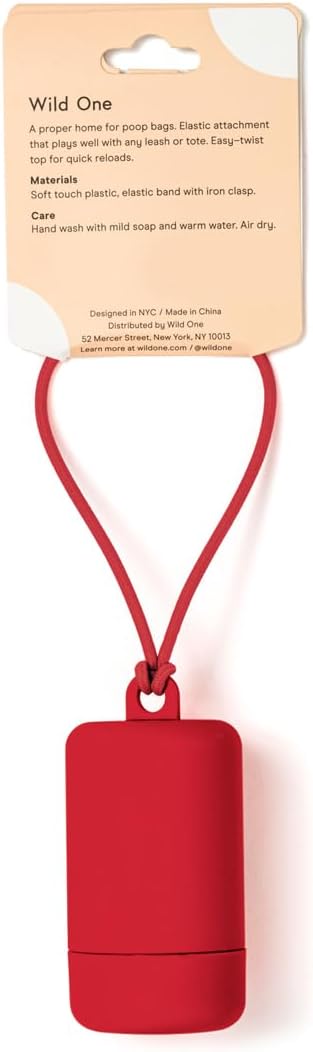 Wild One Dog Poop Bag Holder and Dispenser with Leash Attachment, Leak Proof, Easy Twist Top for Refills, includes 1 Roll Poop Bags, Strawberry