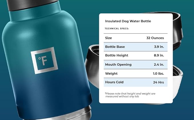 IRON °FLASK Portable Dog Water Bottle & Bowl - All-in-One Travel Accessories Pet Food & Liquids for Car, Hiking, Camping - Leak-Proof, Double Walled, Insulated - 32 oz, 2 Dog Bowls - Aurora