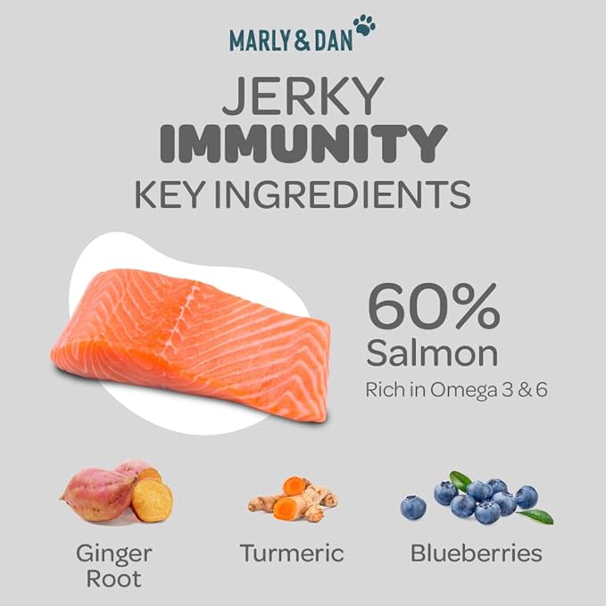 Marly & Dan Baked Salmon Jerky Snacks for Dogs with Sweet Potato and Blueberries - Naturally Healthy & Functional Immunity Recipe, Rich in Omega-3, 6 oz