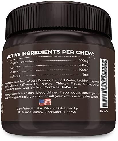 BRUTUS & BARNABY Turmeric for Dogs- Organic Turmeric with Curcumin, Soft Chews with Collagen and Bioprene Provides Hip and Joint Support Reduces Inflammation from Arthritis