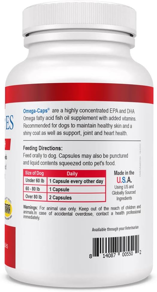 Omega-Caps Extra Strength for Large Breeds-Vet Formulated for Healthy Radiant Skin & Coat While Reducing Excess Shedding. Contains Omega 3 for Immune System Support, Easy to Dose, 60 Soft Gel Capsules