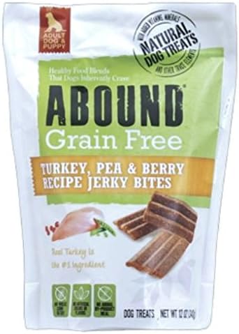 Abound Grain Free Jerky Bites Puppy & Dog Treast - 2 Flavor: (1) Duck Pea Blueberry (1) Turkey Pea Berry - 12 Oz Each, Plus Eco Friendly Poop Bag Roll & My Buddy Notepad (4 Items Total)
