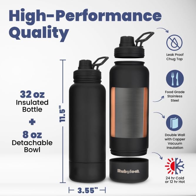 Dog Water Bottle for Dog Lovers - 32 oz Stainless Steel Double Wall Insulated Water Bottle with 8 oz Attached Dog Bowl - Dog Mom Gifts for Women for Travel, Hiking & Everyday Adventures - Black