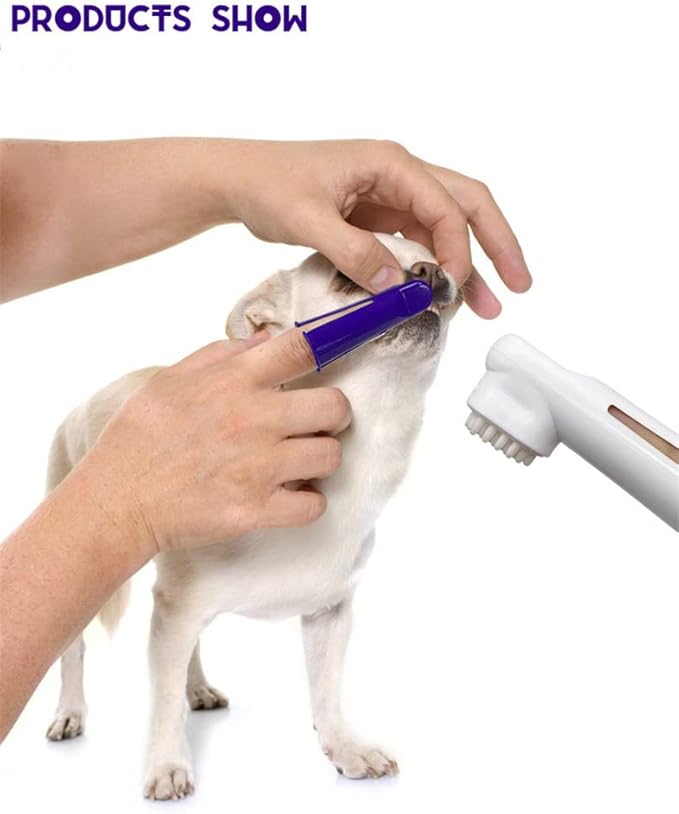 Dog Toothbrush Kit,4-Piece Set with Toothpaste Fingerbrush,Cat Teeth Cleaning,Pet Oral Dental Care Fresh Breath Brush,Cute Puppy Whitening Cleansing for Small Large Dogs,Beef Flavor