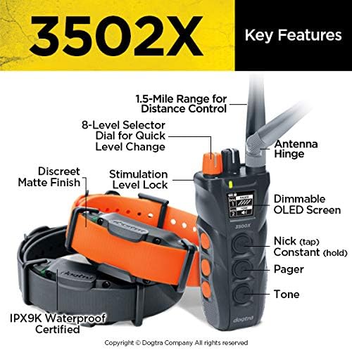 Dogtra 3502X Remote Training E-Collar - 1.5 Mile Range - 2-Dogs, Static, Vibration, Audible Tone, Waterproof, Electric Dog Collar for Advanced and Hunting Training of Small, Medium, Large Dogs
