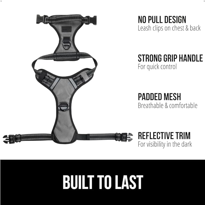 Gorilla Grip Comfortable Durable Dog Harness with Handle, Pet Leash Clips on Chest or Back for Walking, Padded Mesh Pets Vest, Adjustable Reflective Straps, Puppy Training, Gray