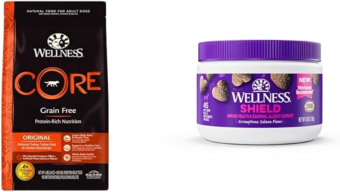 Wellness Food + Supplements Bundle: CORE Natural Grain Free Dry Dog Food, Turkey & Chicken, 4-Pound Bag Immune & Allergy Soft Chew Supplements, Salmon Flavored, 45 Count