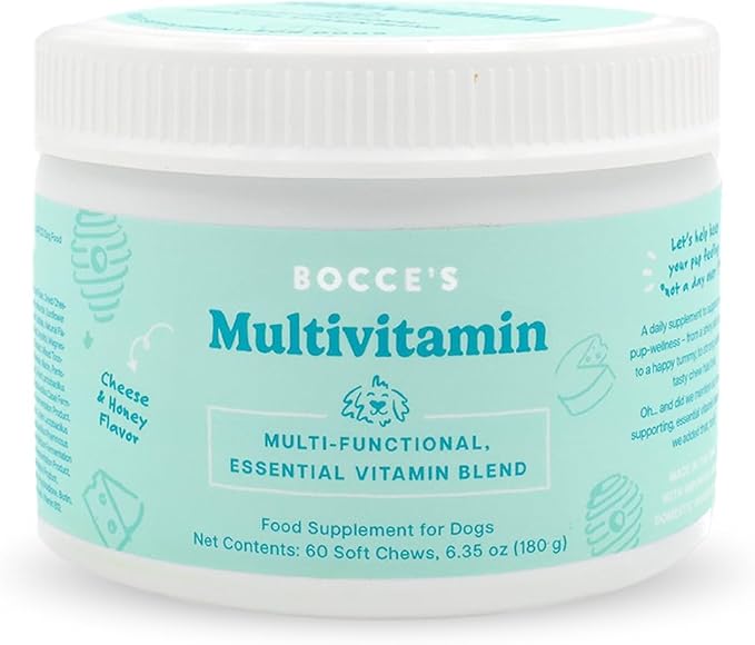 Bocce's Bakery Multivitamin Supplement for Dogs, Multi-Functional Daily Chews Made in The USA with an Essential Vitamin Blend, Digestion Joint Support, Cheese Honey, 60 ct