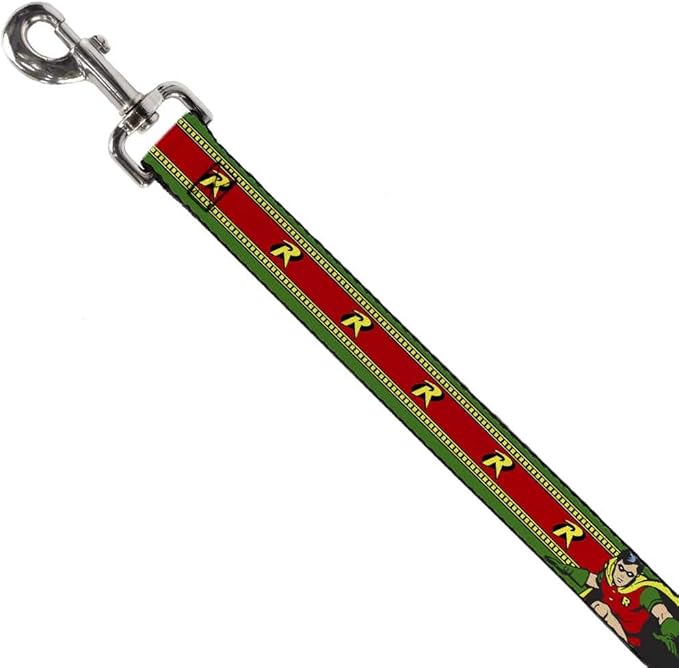 Dog Leash Robin Action Pose Logo Stripe Green Yellow Red Black 6 Feet Long 0.5 Inch Wide