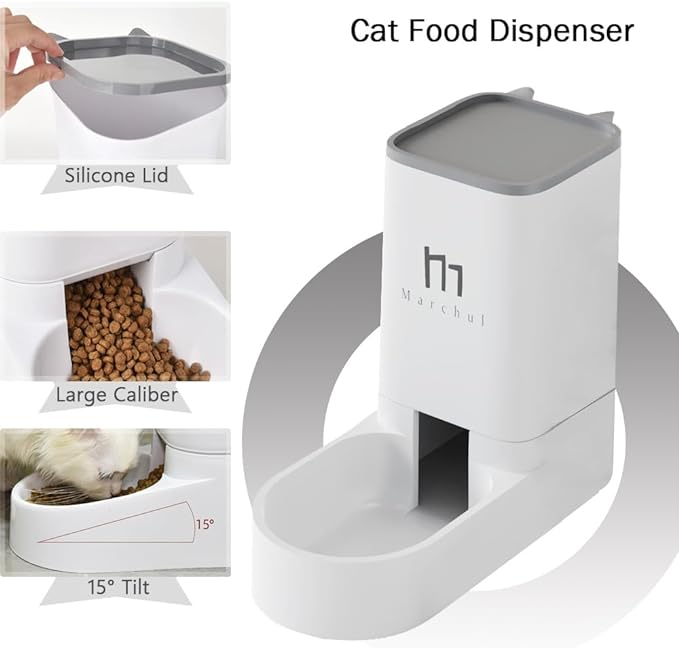 Marchul Cat Feeder and Water Dispenser Set with Silicone Mat, Automatic Cat Feeder 4.63lb, Gravity Automatic Water Dispenser 1 Gallon, Cat and Dog Feeders with Pet Food Scoop Sponge Bottle Brush