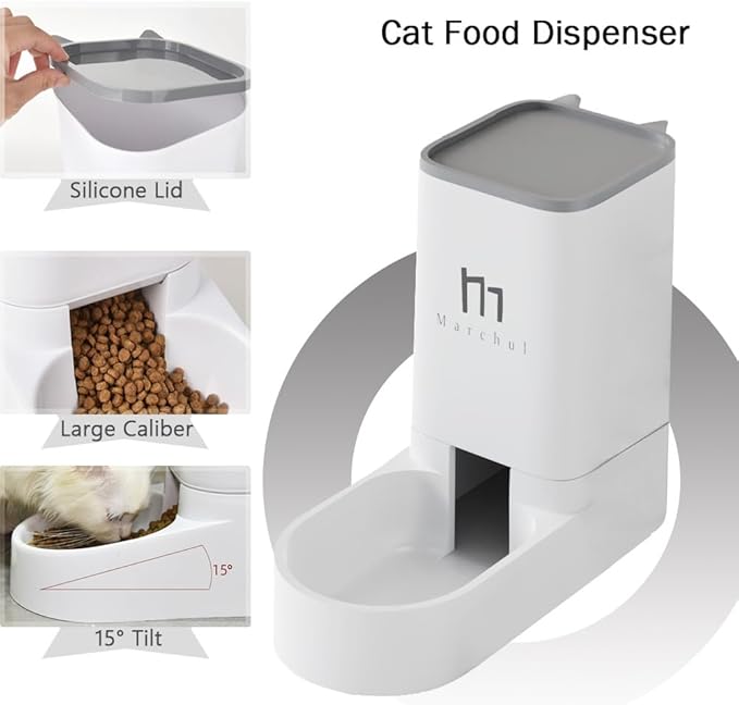 Marchul Cat Feeder and Water Dispenser Set, Automatic Cat Food Dispenser 4.63lb, Gravity Automatic Water Dispenser 1 Gallon, Cat and Dog Feeders with Pet Food Scoop Sponge Bottle Brush