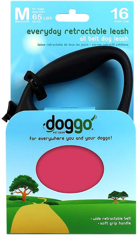 doggo Everyday Retractable Dog Leash, 16' Long Belt, Medium for Dogs Up to 65 lbs, Pink with Black Soft Grip Handle