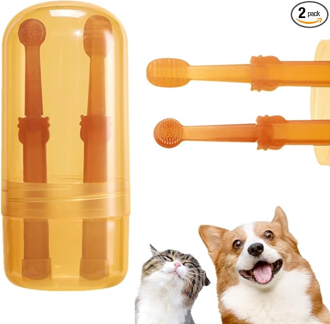 2 PCS Small Dog & Cat Toothbrush Kit Soft Pet Silicone Toothbrush Dog Toothbrush Kit 360° Doggie Kitten Toothbrush with Storage Cup Tongue Cleaner for Small Pets Ferret Dutch Pigs