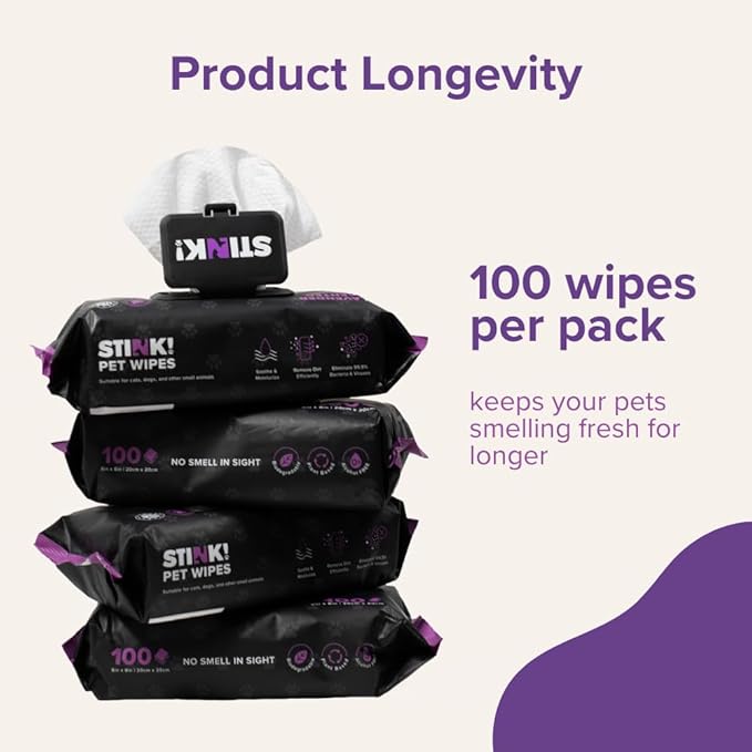 Stink! Plant Based Pet Wipes - Biodegradable - Dirt and Odor Control - Grooming Wipes for Easy Cleaning on Paws Body and Bum - Lavender Scented - 8" x 8" - 400 Count