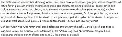 Pure Canidae Petite Grain Free Small Breed Dog Food 3 Flavor Variety 6 Can Sampler - (2) Each: Pottage Duck Pumpkin, Cacciatore Lamb Carrots, Bolognese Beef Carrots (3.5 Oz) - Plus Squeak Toy Bundle