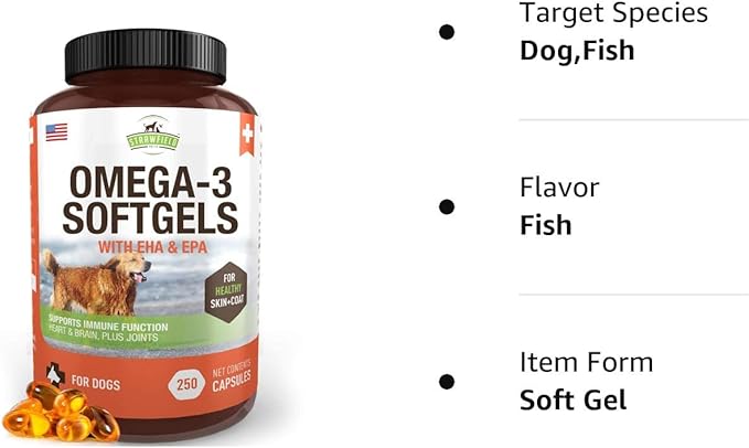 Strawfield Pets' Omega 3 Fish Oil for Dogs Dog Fish Oil Pet Supplement for Joint Support & Pain Relief Allergy Itch Shedding Healthy Coat Dry Itchy Skin Hot Spots USA 1000 mg EPA DHA 250 Softgel Pills