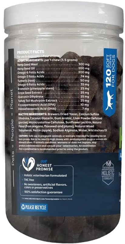 Only Natural Pet Allergy, Skin & Coat Hemp Soft Chews - Allergy Immune Bites for Dogs, Omega 3 Supplement, Hemp Oil - Calming Treats for Itchy Skin Relief, Hot Spot - (120 Count)