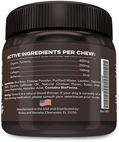 BRUTUS & BARNABY Turmeric for Dogs- Organic Turmeric with Curcumin, Soft Chews with Collagen and Bioprene Provides Hip and Joint Support Reduces Inflammation from Arthritis