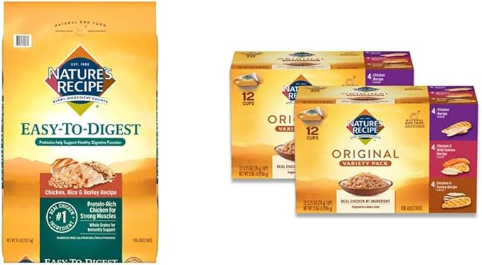 Nature's Recipe Easy to Digest Chicken, Rice & Barley 24 Pounds Dry Dog Food + Chicken Recipes Variety Pack 2.75 Ounce (Pack of 24) Wet Dog Food Bundle