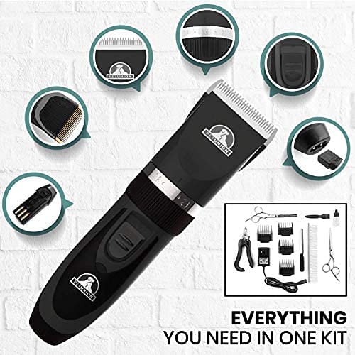 Pet Union Professional Dog Grooming Kit - Cordless Low Noise Dog Clippers for Grooming Thick Coats - All Pet Safe Cat Hair Trimmer - Pet Grooming Kit includes Dog Hair Clippers, Nail Trimmer & Shears