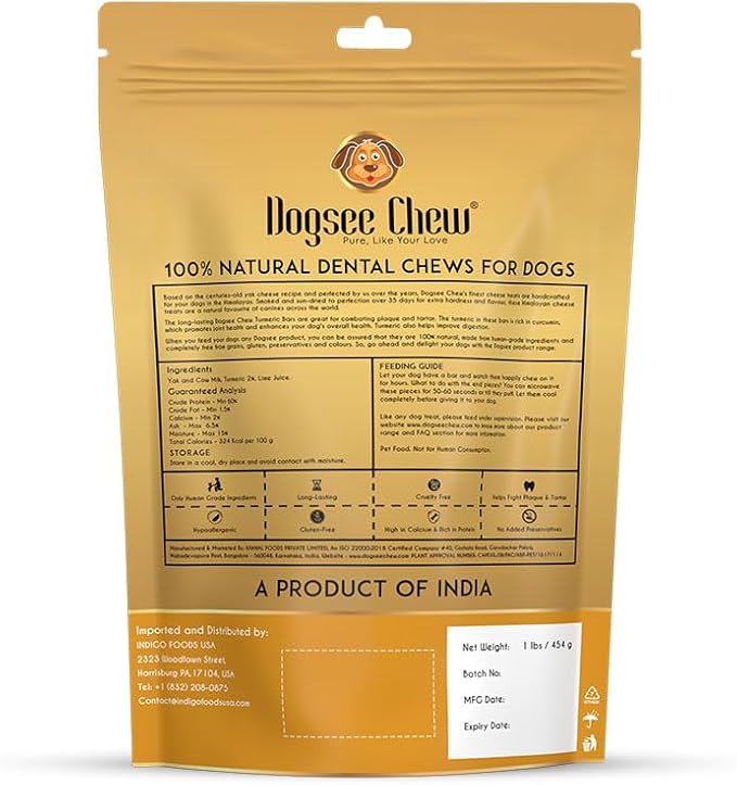 Dogsee Turmeric Flavor Himalayan Yak Cheese Dental Chews for Dogs 1lb (Medium - 6 Chews) | Anti-inflammatory | No Grain, No Gluten | Odorless Dog Treats
