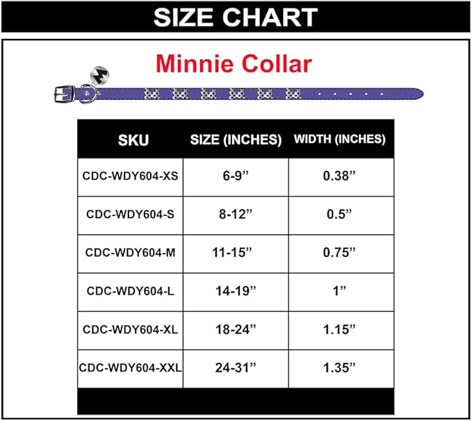 Buckle-Down Dog Collar, Disney, Minnie Mouse Bow with Dots Charms, Extra Extra Large 24 to 31 Inch Length 1.35 Inches Wide