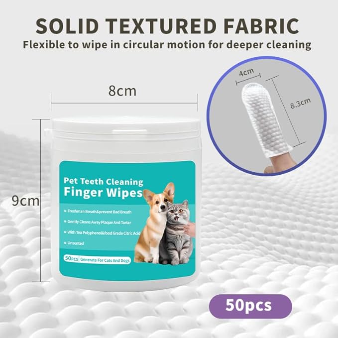 Pet Teeth Cleaning Finger Wipes, Remove Bad Breath by Removing Plaque and Tartar Buildup, No-Rinse Dogs & Cats Finger Toothbrush, Disposable Gentle Cleaning Care Pet Wipes, 50 Counts