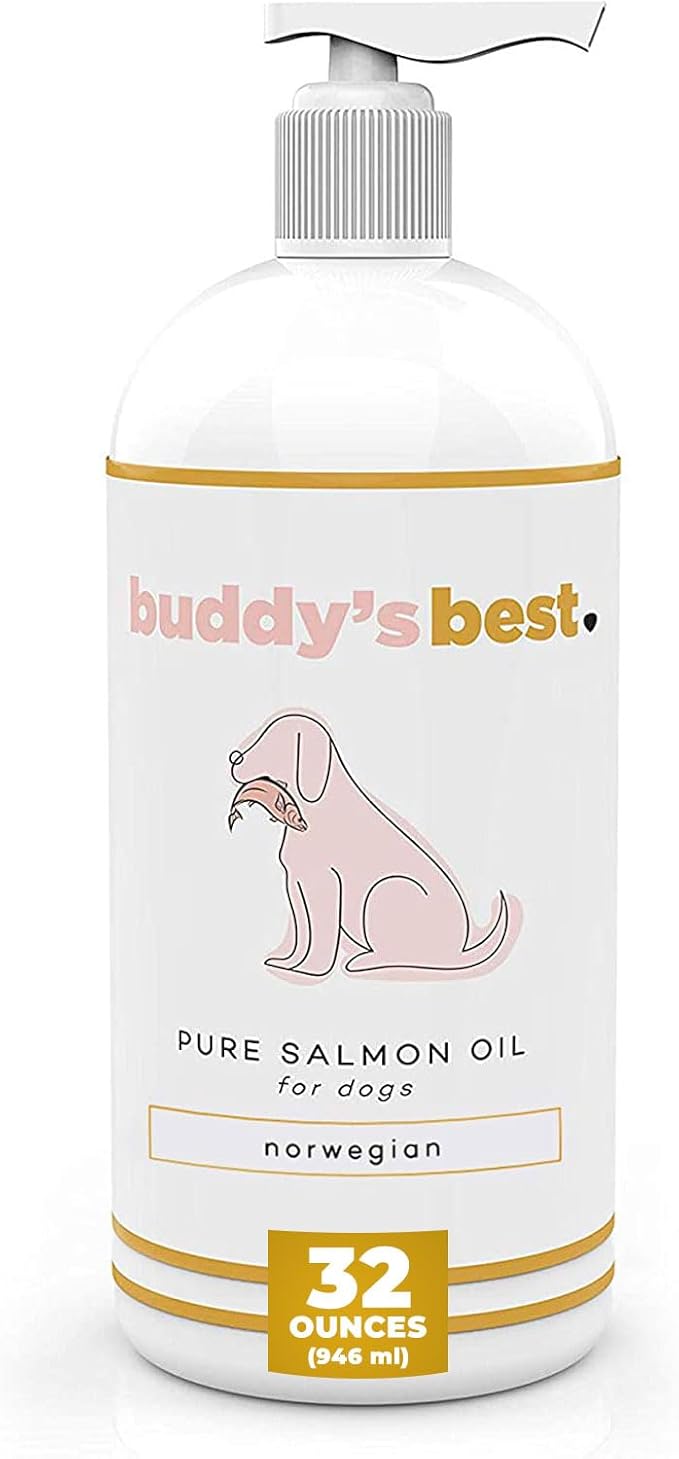 Buddy's Best, Salmon Oil for Dogs - 100% Pure Norwegian Virtually Odorless Fish Oil - Omega-3 Supplements for Dogs & Cats - Promotes Healthy Skin and Coat - Dog Food Oil in Pump Bottle (32 oz)