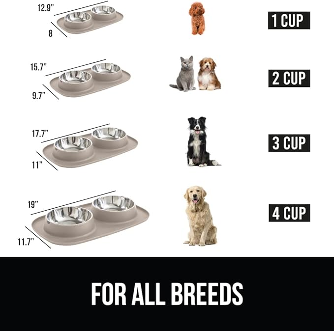 Gorilla Grip 100% Waterproof BPA Free Cat and Dog Bowls Silicone Feeding Mat Set, Stainless Steel Bowl Slip Resistant Raised Edges, Catch Water, Food Mess, No Spills, Pet Accessories, 3 Cup, Beige