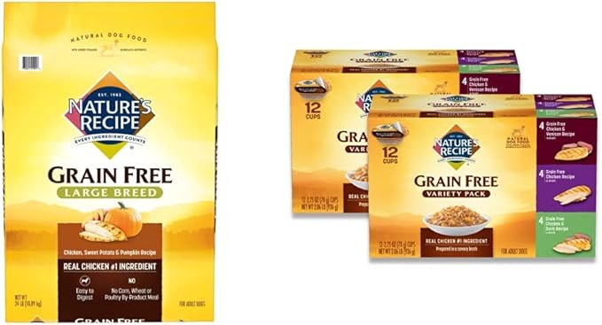 Nature's Recipe Grain Free Large Breed Chicken, Sweet Potato & Pumpkin 24 Pounds Dry Dog Food + Grain Free Chicken Recipes Variety Pack 2.75 Ounce (Pack of 24) Wet Dog Food Bundle