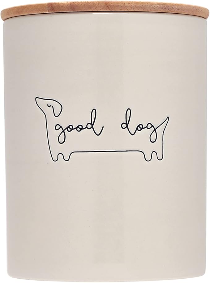 Pearhead Good Dog Treat Jar, Ceramic and Wood Pet Treat Canister, Neutral Modern Kitchen Decor, Pet Accessories, Dog Biscuit Storage Jar, Freshness Seal, Holds 4 Cups