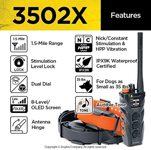 Dogtra 3502X Remote Training E-Collar - 1.5 Mile Range - 2-Dogs, Static, Vibration, Audible Tone, Waterproof, Electric Dog Collar for Advanced and Hunting Training of Small, Medium, Large Dogs