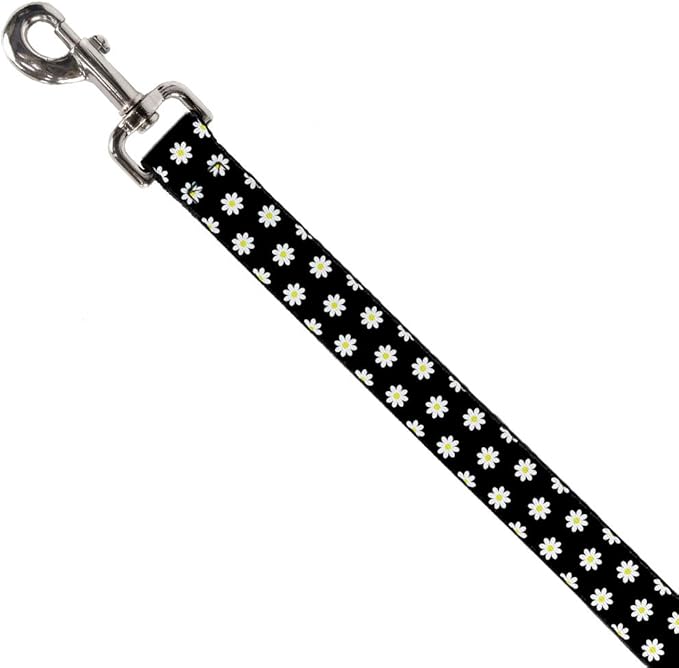 Buckle-Down Dog Leash Daisies Scattered Black White Yellow 6 Feet Long 0.5 Inch Wide