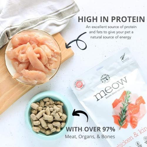Meow Chicken & King Salmon Freeze Dried Raw Cat Food, Mixer, or Topper, or Treat - High Protein, Natural, Limited Ingredient Recipe 9.9 oz