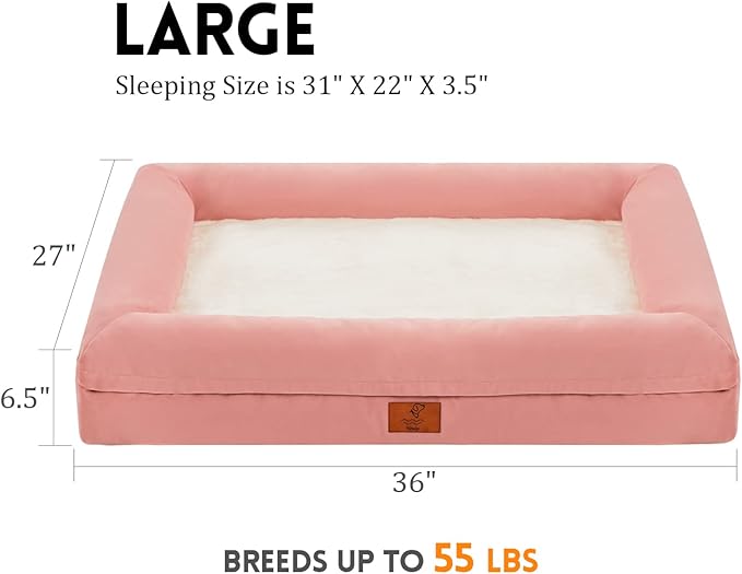 Large Dog Bed, Pink Orthopedic Dog Bed, Waterproof Dog Bed with Removable Cover, 4-Sides Removable Bolster Dog Soft Sofa Bed with Nonskid Bottom, Washable Dog Beds for Large Dogs