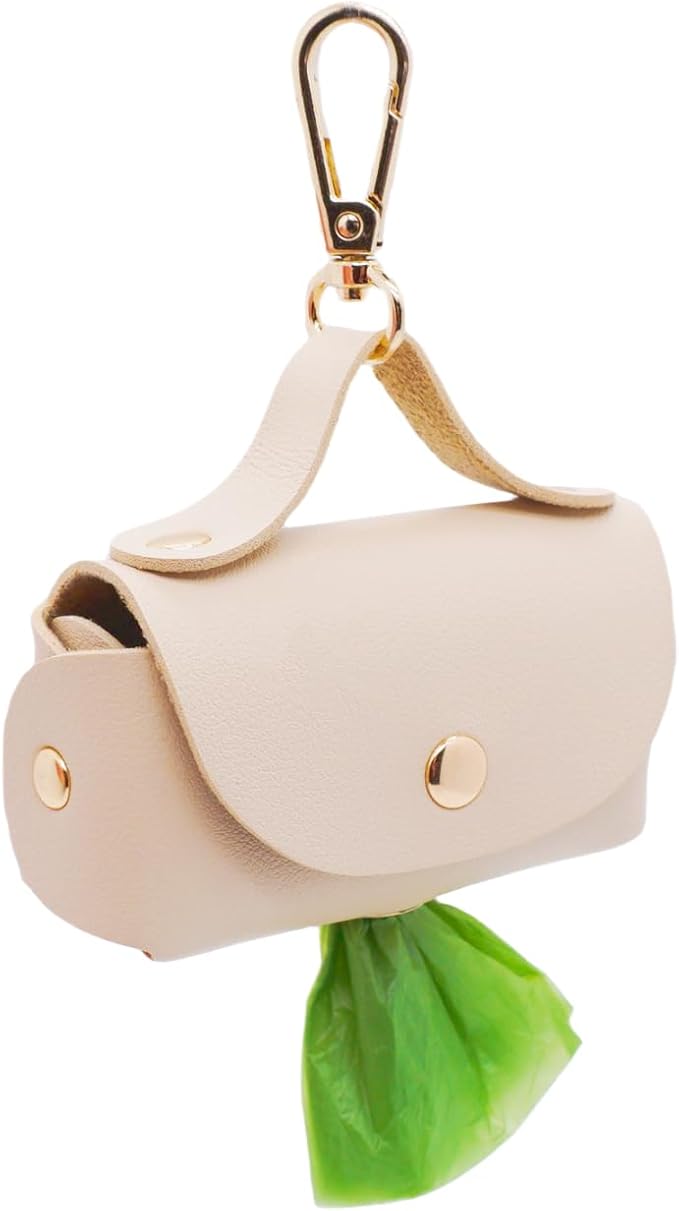 Leather Poop Bag Holder Dispenser for Leash, Portable and Reusable Dog Poop Bag Dispenser, Dog Bag Holder for Walking, Outdoor, Travelling (Beige)