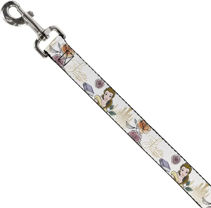 Dog Leash Beauty and The Beast Belle Pose with Script and Flowers White 4 Feet Long 1.0 Inch Wide