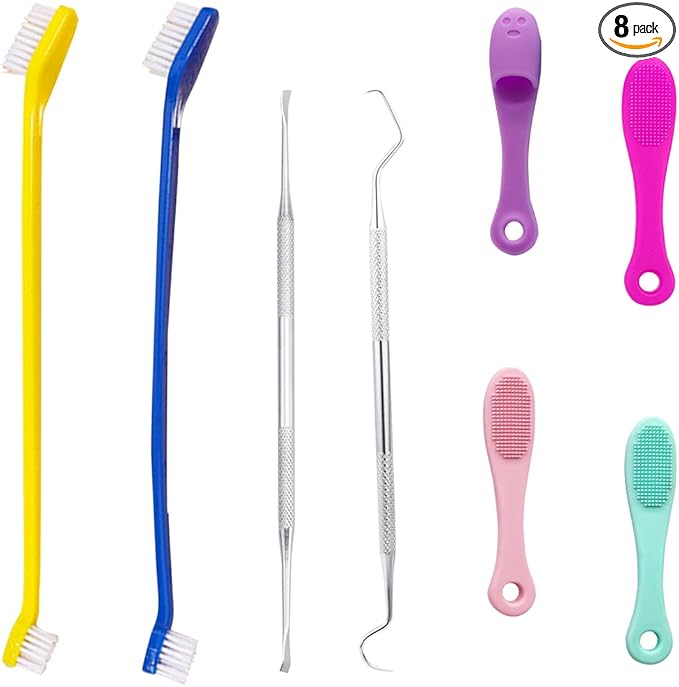 8 Pieces Dog Teeth Cleaning Kit Silicone Dog Finger Toothbrushes Double Headed Pet Tooth Brush Stainless Steel Tarter Remover Scraper for Dog Cat Oral Dental Health