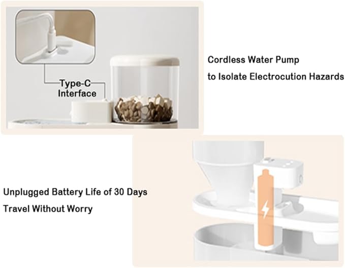 Marchul Wireless Pet Fountain and Gravity Auto Feeder Set, 67 oz(2L) Non-Leakage Silent Pet Fountain with Multi-Angle Auto Cat Feeder, Motion Sensor Pet Fountain Dual Mode, with Filter, Charger