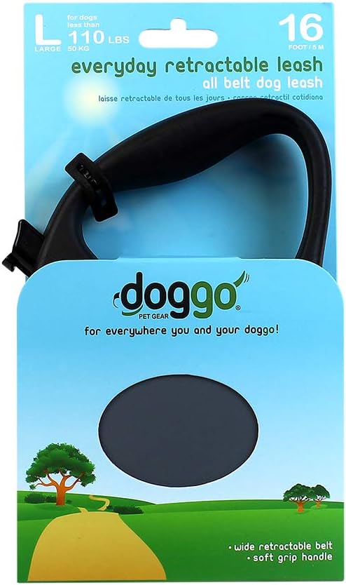 doggo Everyday Retractable Dog Leash, 16' Long Belt, Large for Dogs Up to 110 lbs, Grey with Black Soft Grip Handle
