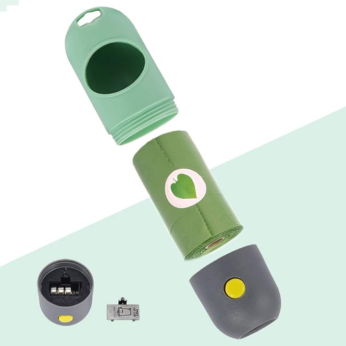 Dog Poop Bag Dispenser with Built-in LED Flashlight and Metal Clip for Leash, Pet Waste Bag Holder, Dog Walking Accessory (Mint Green)