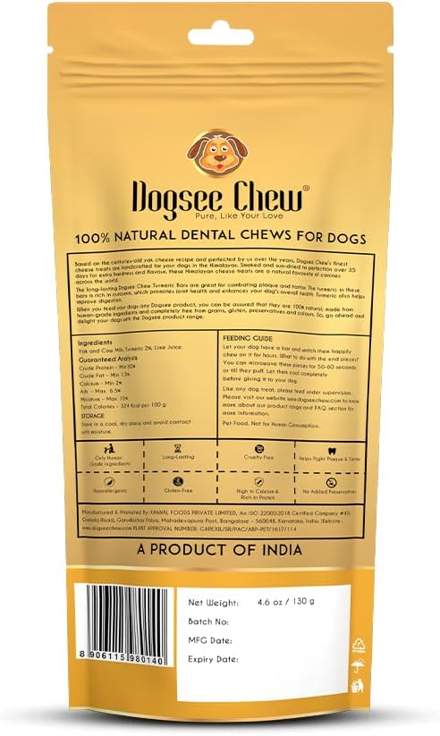 Dogsee Himalayan Yak Milk Dog Chews with Turmeric (Large - 1 Chew) | Help Alleviate Joint Pain | No Rawhide | Calming Dental Chews for Dogs