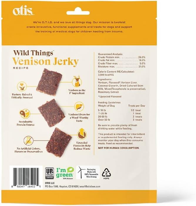 OTIS Venison Jerky for Dogs | Protein Packed, Pasture-Raised, Grass-Fed Venison Jerky Dog Treats Healthy Dog Treats - Wild Things | 4 Ounce Bag