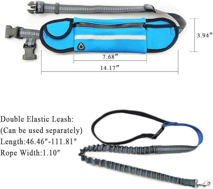 Hands Free Dog Leash with Zipper Pouch, Padded Handles and Durable Bungee for Walking, Jogging and Running Your Dog (Large, 25-120 lbs) - Blue