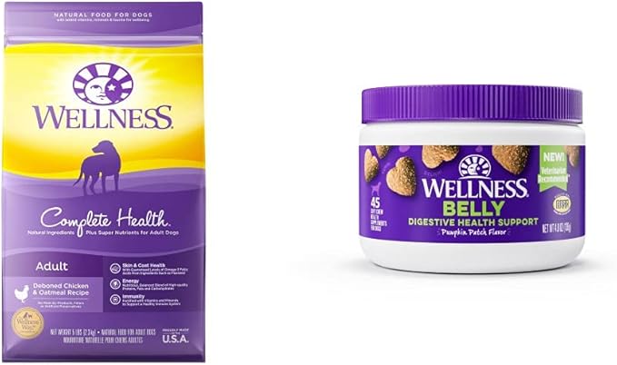 Wellness Complete Health + Supplements Trial Bundle: Natural Dry Dog Food, Chicken & Oatmeal, 5-Pound Bag Digestive Health Soft Chew Dog Supplements, Pumpkin Patch Flavored, 45 Count